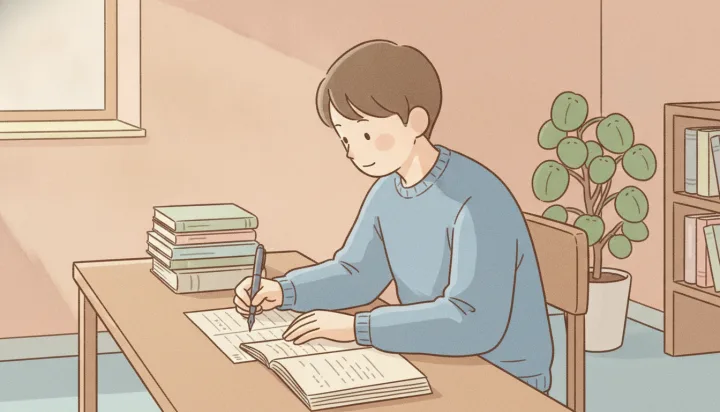 資料を見ながら小論文を書く学生