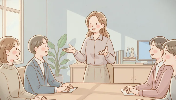 会議で意見を話す社会人